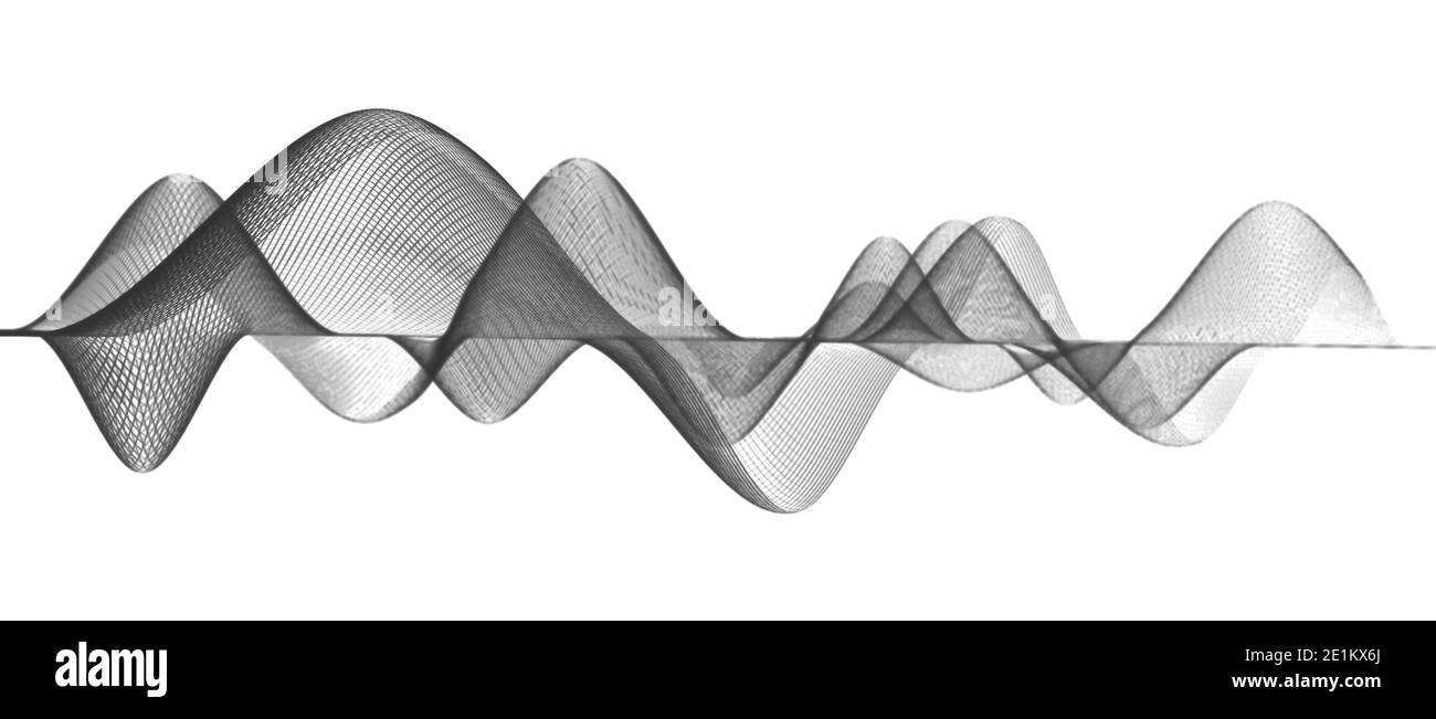 Struttura wireframe, sfondo moderno astratto a griglia virtuale, onde sonore audio, concetto scientifico o dati, visualizzazione delle onde sonore, rendering cgi 3D Foto Stock