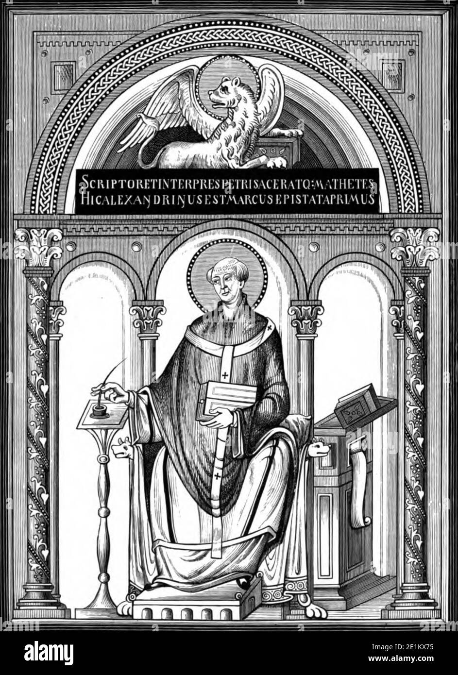 Miniatura dell'evangelista San Marco; da un manoscritto dei Vangeli tratto dal libro ' manoscritti illuminati in epoca classica e medievale : la loro arte e la loro tecnica' di Middleton, J. H. (John Henry), 1846-1896 pubblicato nel 1892 Foto Stock