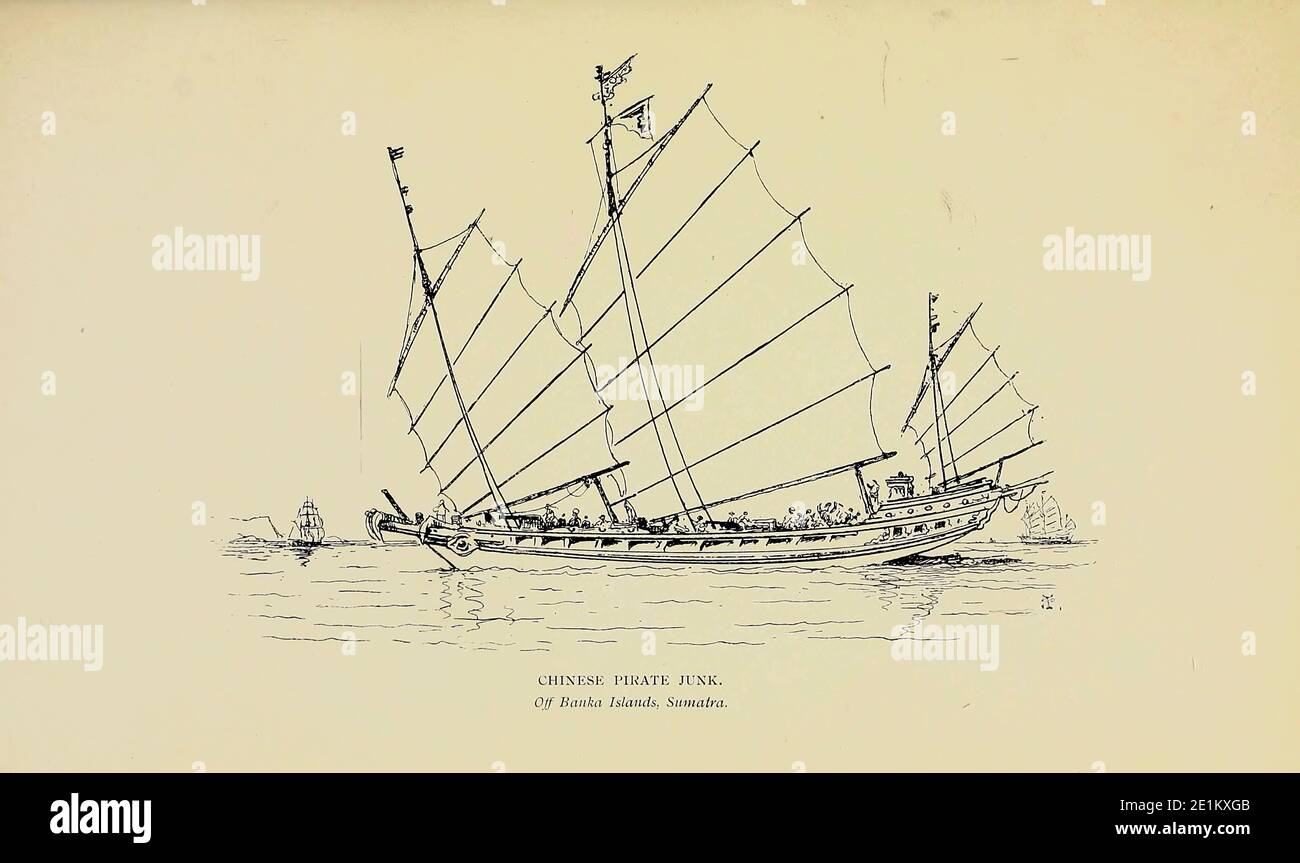 Schizzo di una spazzatura cinese pirata al largo di Banka Island, Sumatra dal libro ' schizzi a penna e matita di navi e mestieri in tutto il mondo ' di Pritchett, Robert Taylor pubblicato a Londra nel 1899 Foto Stock