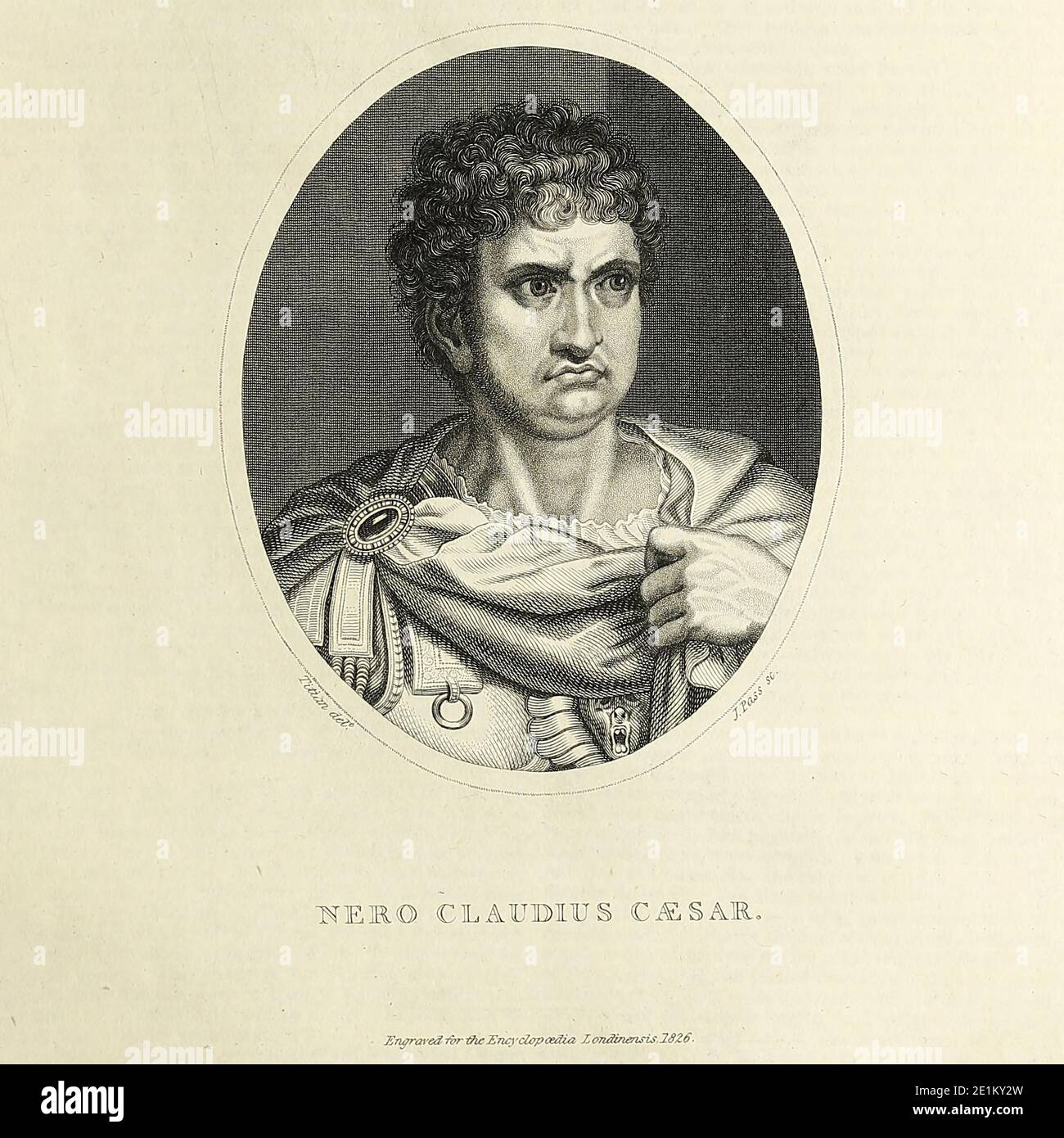 Claudius Cesare Augusto Germanico; 15 dicembre 37 – 9 giugno 68 d.C.) è stato il quinto imperatore romano, regnante dal 54 al 68. Il suo famigerato regno è solitamente associato con tirannia, stravaganza e disordine. Nerone, originariamente chiamato Lucius Domitius Ahenobarbus, appartenne alla dinastia Giulio-Claudio, e fu adottato come erede dall'imperatore Claudio, suo zio e paterno. Nerone succedette a Claudio mentre non aveva ancora 17 anni, e sua madre, Agrippina, cercò di dominare la sua prima vita e le sue decisioni, ma Nerone la cacciò e la fece uccidere cinque anni nel suo regno. Incisione su copperplate dall'Enc Foto Stock