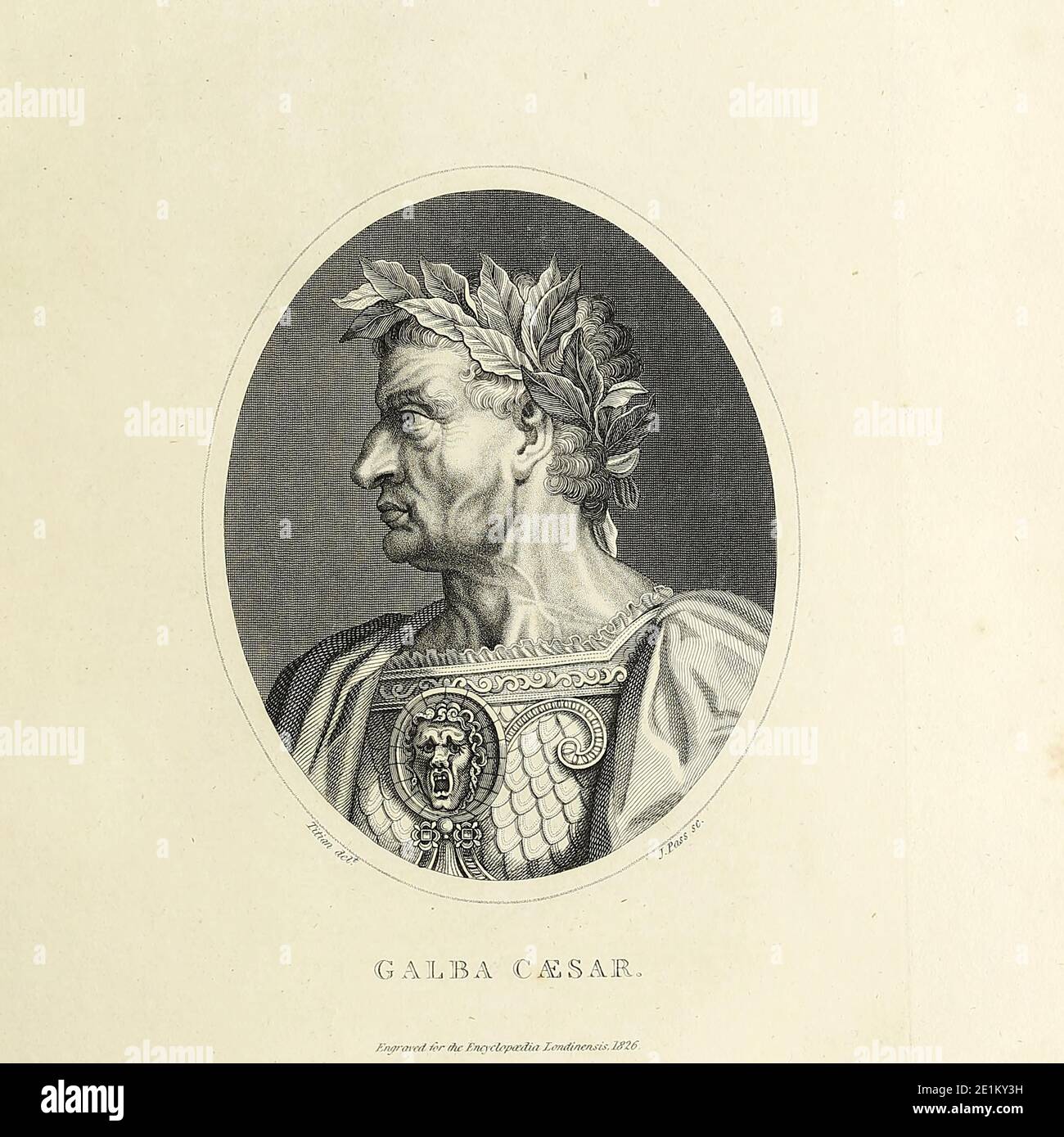 Galba (Servius Galba Cesare Augusto, 24 dicembre 3 a.C. – 15 gennaio 69 d.C.) è stato un imperatore romano dal 68 al 69, primo imperatore dell'anno dei quattro imperatori. Era conosciuto come Lucius Livius Ocella Sulpicius Galba prima di prendere il trono come risultato della sua adozione da parte della sua madre, Livia Ocellina. Governatore di Hispania al tempo della ribellione di Gaio Giulio Vindex in Gallia, prese il trono dopo il suicidio di Nerone. Incisione su copperplate dell'Enciclopedia Londinensis OR, dizionario universale delle arti, delle scienze e della letteratura; Volume XXII; a cura di Wilkes, John. Pubblicato Foto Stock