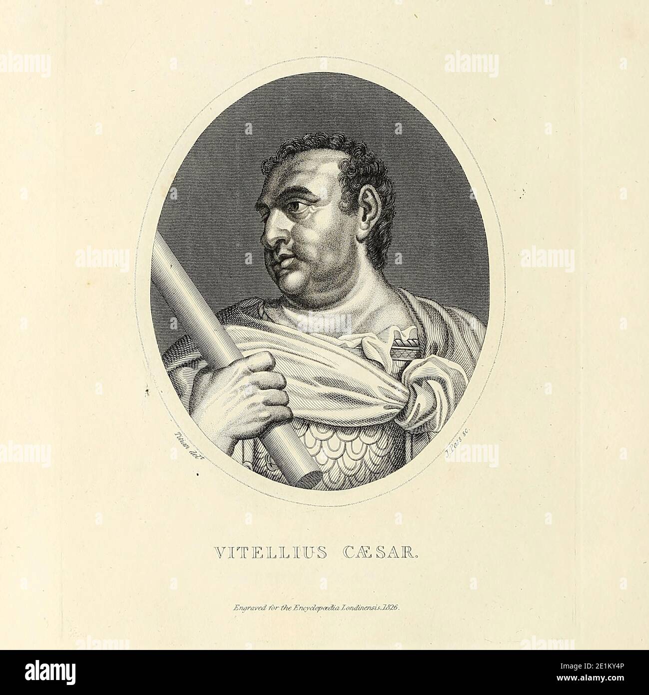 Aulus Vitellius (24 settembre 15 – 22 dicembre 69) è stato un imperatore romano per otto mesi, dal 16 aprile al 22 dicembre 69. Vitellius fu proclamato imperatore in seguito alla rapida successione dei precedenti imperatori Galba e Otho, in un anno di guerra civile conosciuto come l'anno dei quattro imperatori. Vitellius è stato il primo ad aggiungere il cognomen onorifico Germanico al suo nome invece di Cesare alla sua adesione. Come il suo diretto predecessore, Otho, Vitellius tentò di rally il sostegno pubblico alla sua causa onorando e imitando Nerone che rimase ampiamente popolare nell'impero. Incisione su copperplate fra Foto Stock