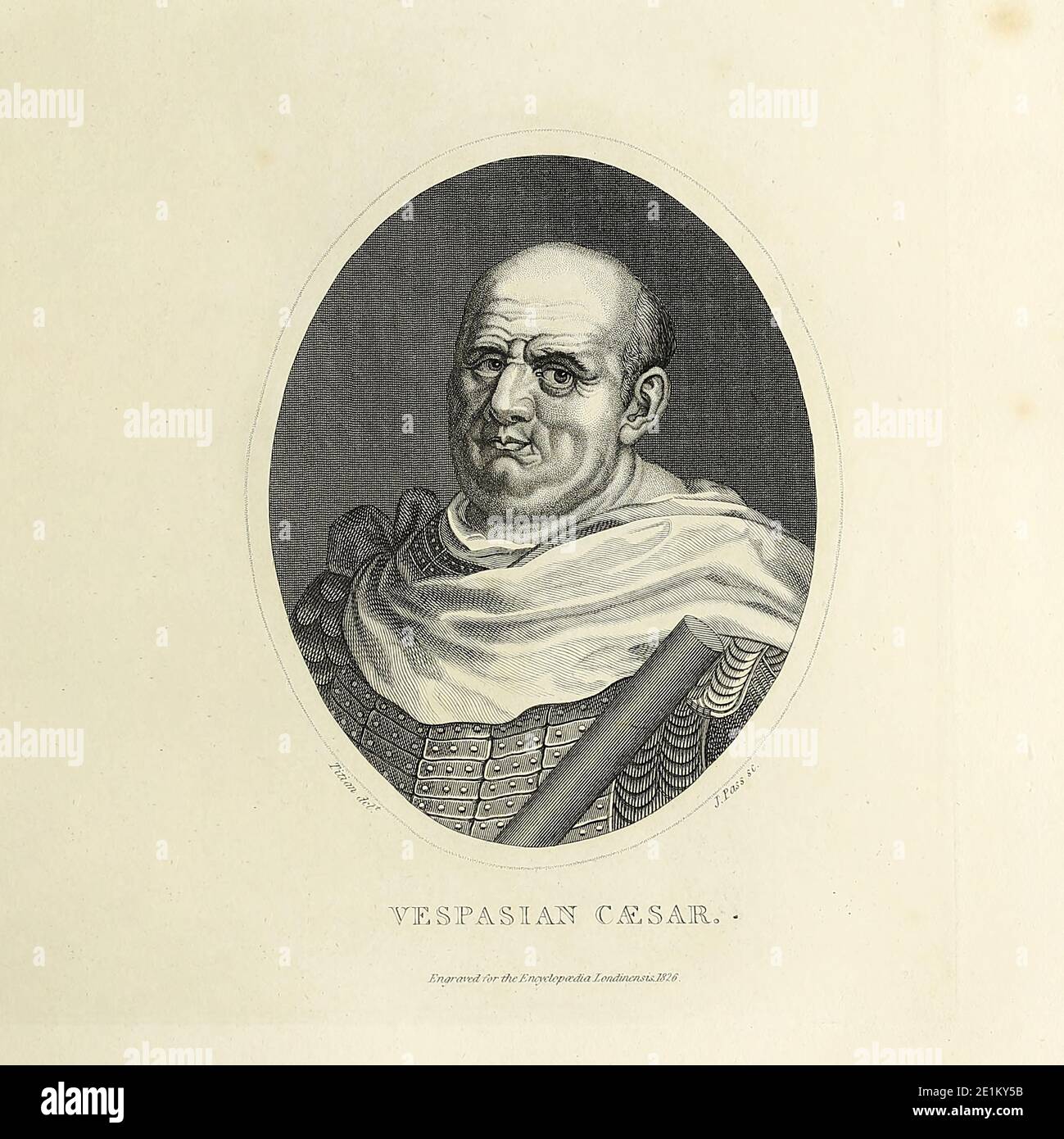 Vespasiano (Vespasiano, 17 novembre 24 – Vespasiano, 9 giugno 79)[2] è stato un imperatore romano dal 69 al 79. Il quarto e ultimo anno dei quattro imperatori, fondò la dinastia Flavia che governò l'Impero per 27 anni. Incisione su copperplate dell'Enciclopedia Londinensis OR, dizionario universale delle arti, delle scienze e della letteratura; Volume XXII; a cura di Wilkes, John. Pubblicato a Londra nel 1827 Foto Stock