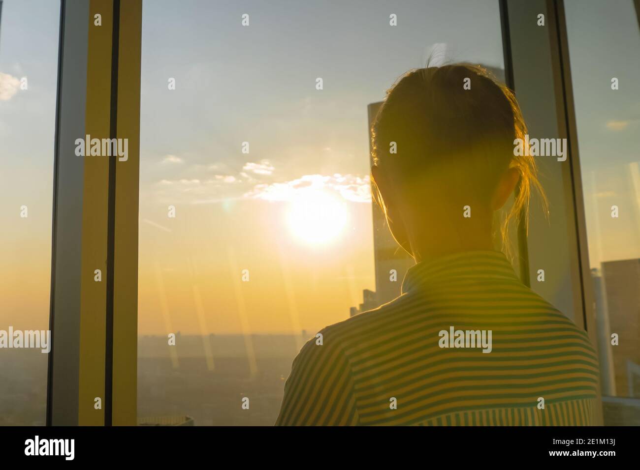 Vista posteriore della donna che guarda il paesaggio urbano attraverso la finestra di vetro di grattacieli Foto Stock