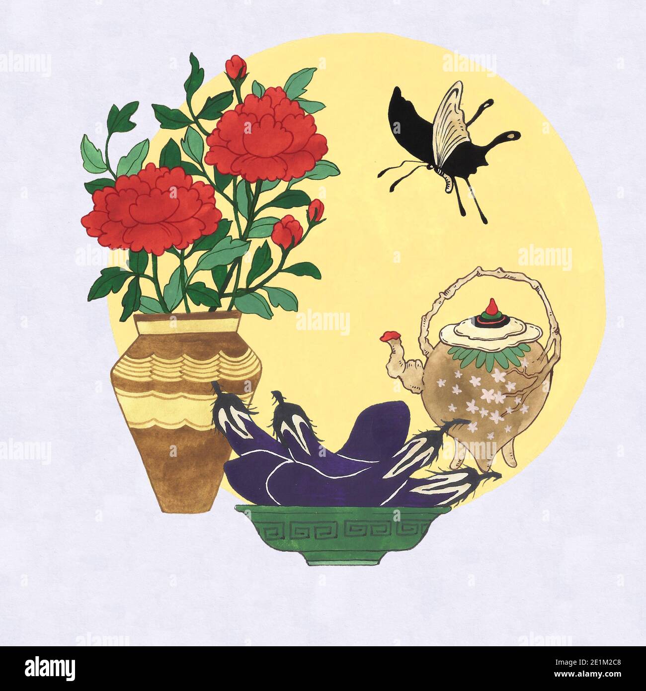 disegno asiatico con fiori, teiera e farfalla Foto Stock