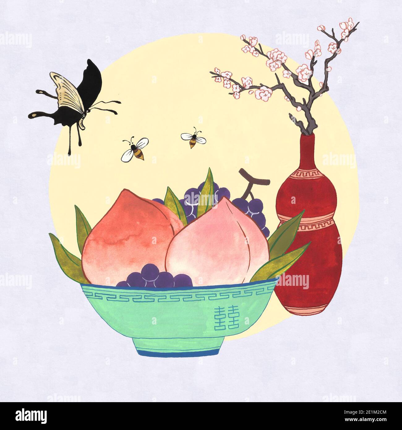 disegno asiatico con pesca, uva, fiore, farfalla e ape Foto Stock