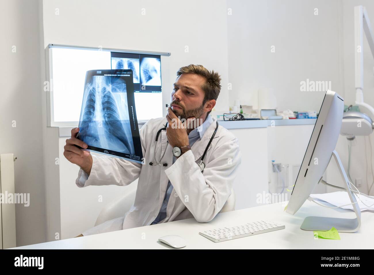 medico che esamina una radiografia in ospedale Foto Stock