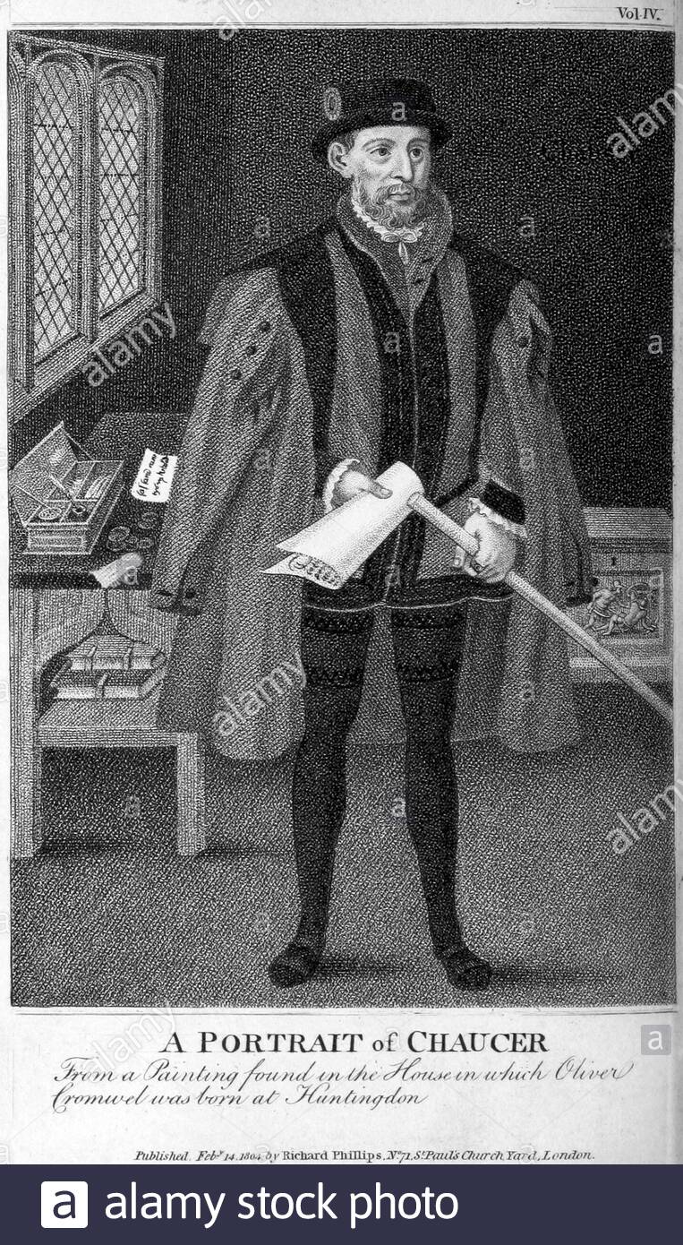 Geoffrey Chaucer Portrait, 1343 – 1400, è stato un poeta e autore inglese, illustratore d'epoca del 1804 Foto Stock