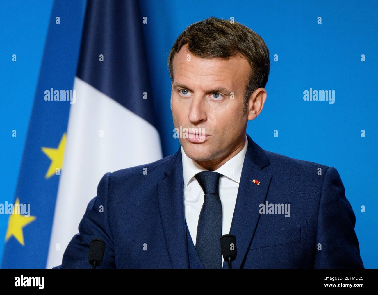 Belgio, Bruxelles, 16 ottobre 2020: Il presidente francese Emmanuel Macron in occasione di una conferenza stampa in occasione del Consiglio europeo straordinario relate Foto Stock