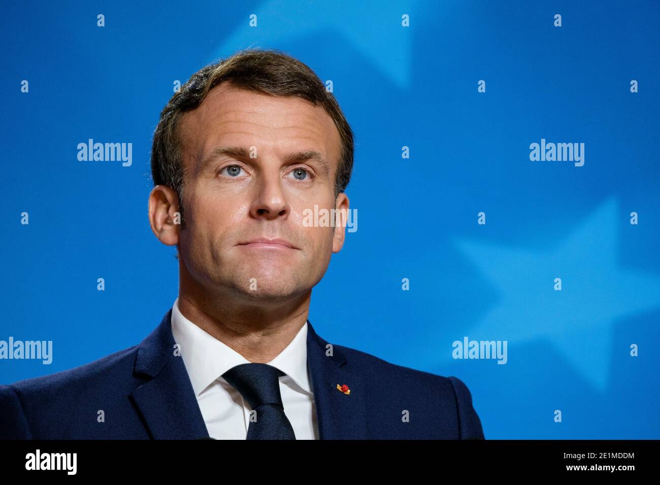 Belgio, Bruxelles, 16 ottobre 2020: Il presidente francese Emmanuel Macron in occasione di una conferenza stampa in occasione del Consiglio europeo straordinario relate Foto Stock
