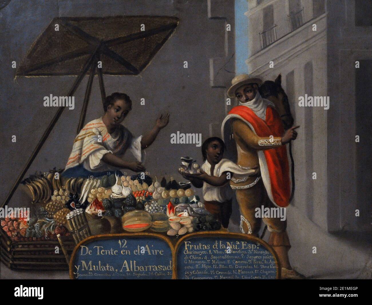 Casta pittura. Anonimo. 'De tente en el aire y mulata, albarrasado' (da Hold-yourself-in-Mid-Air e una donna Mulatto, Albarrasado è nato). Bancarella di frutta. Olio su rame. Vicereame della Nuova Spagna. Scuola messicana. 1775-1800. Messico. Museo delle Americhe. Madrid, Spagna. Foto Stock