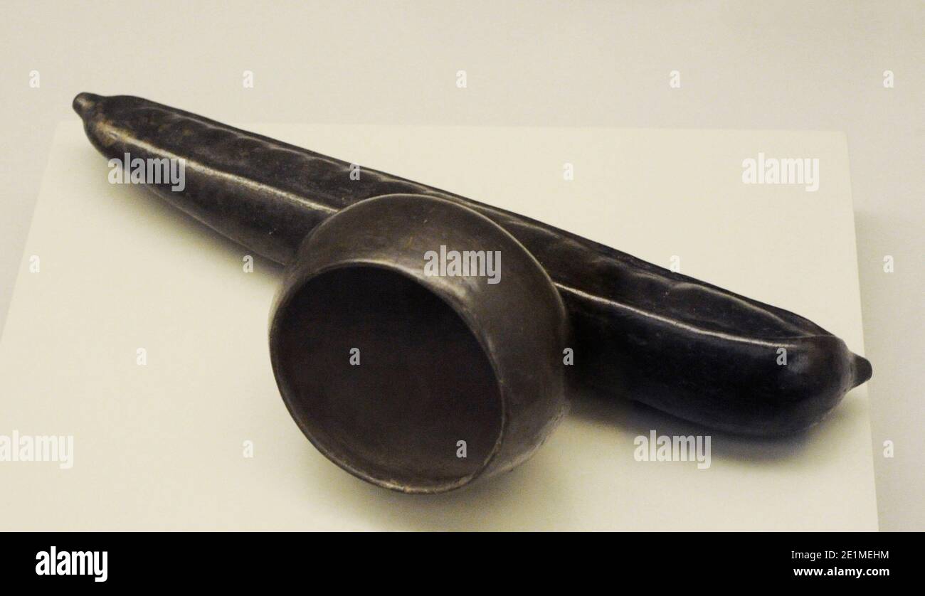 Vaso cerimoniale Pajcha che rappresenta il fagiolo o il fagiolo del rene. È stato usato per fornire la fertilità a questa pianta. Insieme al mais e alla zucca costituirono la triade di base della dieta indigena. Ceramica. Cultura Chimu (1100-1400). Perù. Museo delle Americhe. Madrid, Spagna. Foto Stock