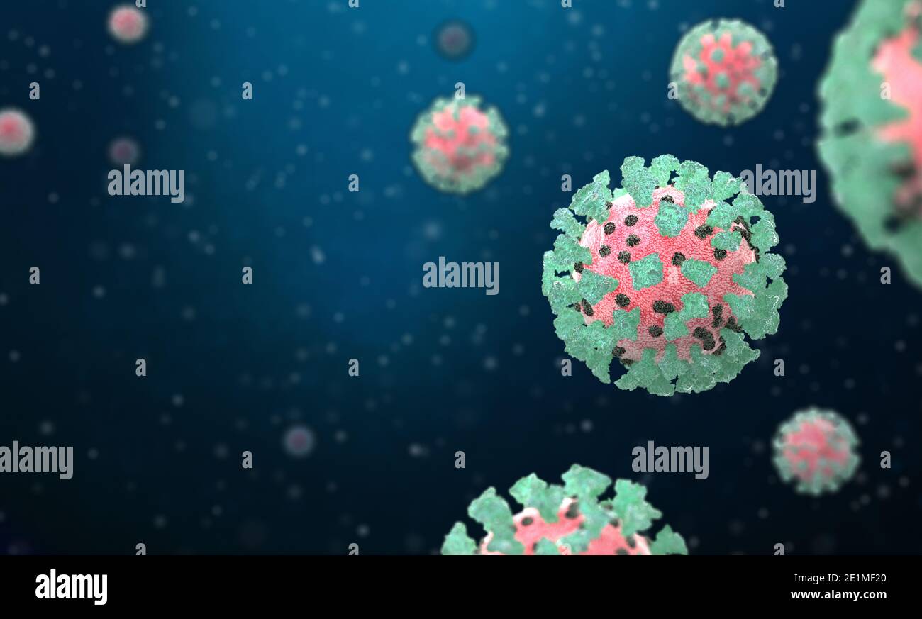 Coronavirus, Covid-19, illustrazione di immagini 3d, vista microscopica di cellule virali flottanti. Influenza, 2019 ncov. Concetto di pandemia, focolaio coro Foto Stock