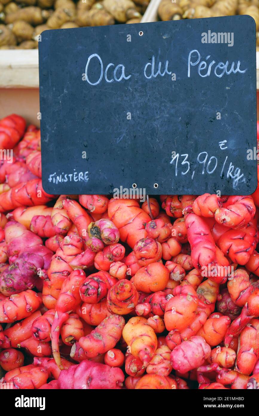 Colorata di rosso e di giallo radici di oca tubero dal Perù (Oxalis tuberosa) in corrispondenza di un francese di mercato degli agricoltori Foto Stock