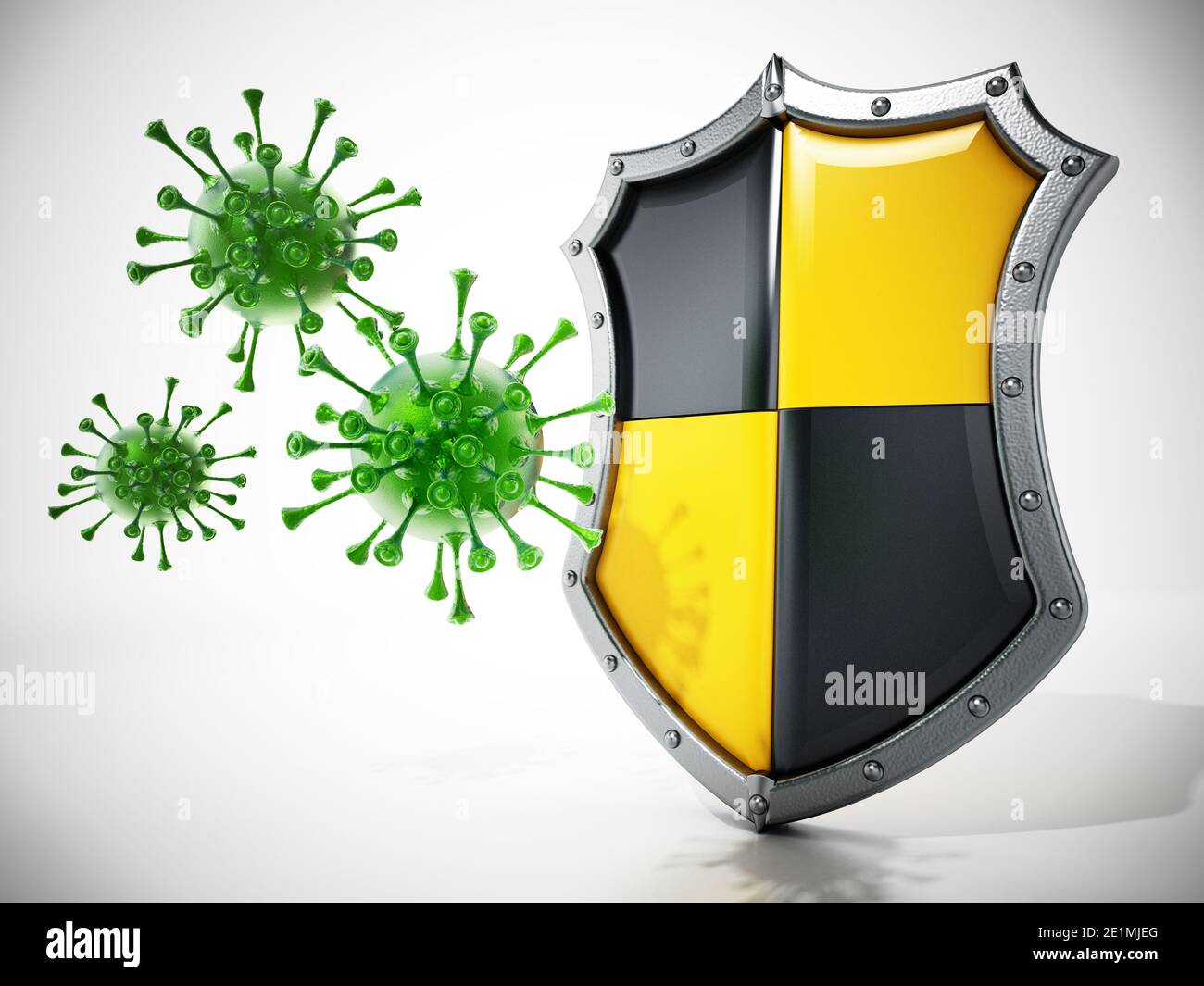 Virus verdi e schermatura isolati su sfondo bianco. Illustrazione 3D. Foto Stock