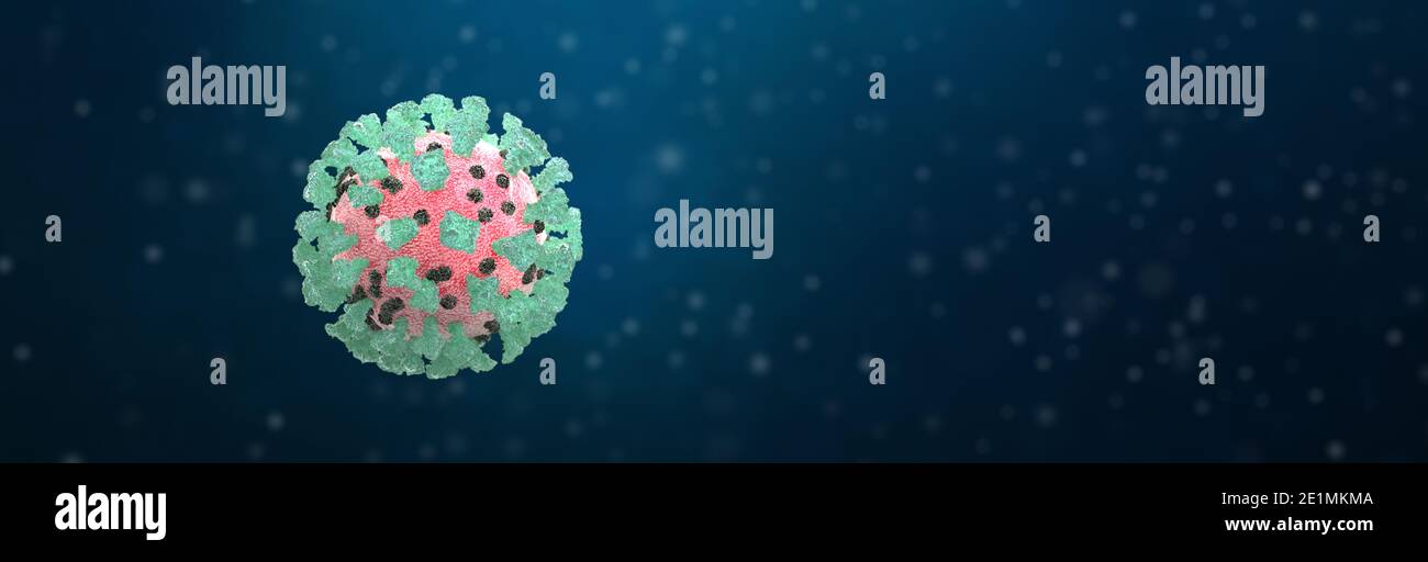 Coronavirus, Covid-19, illustrazione di immagini 3d. Formato Web banner. Vista microscopica delle cellule virali flottanti. Influenza, 2019 ncov. Concetto di una band Foto Stock