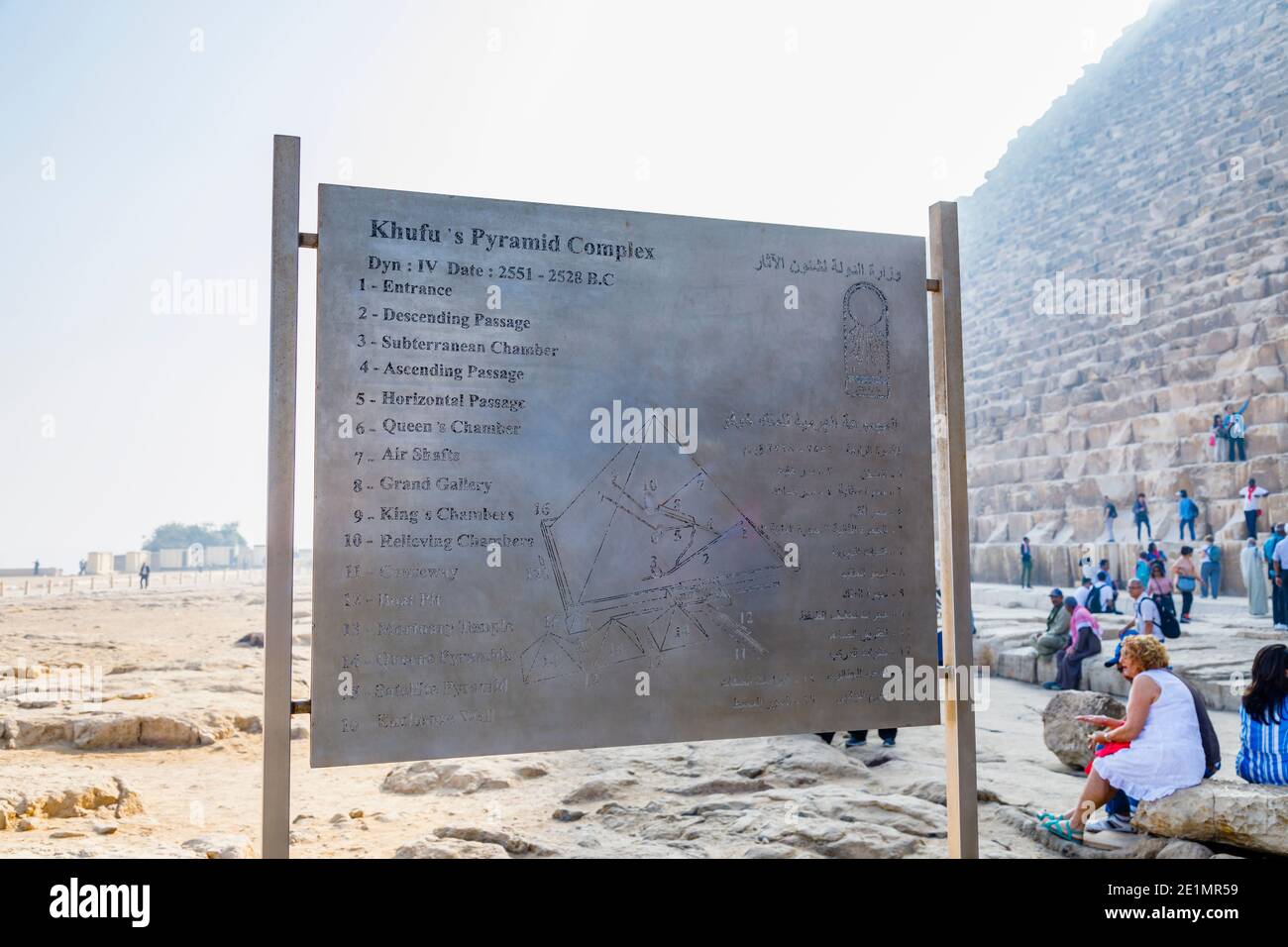Segno al complesso della Piramide di Giza (necropoli di Giza) con i dettagli interni del complesso della Grande Piramide (Piramide di Khufu), il Cairo, Egitto Foto Stock