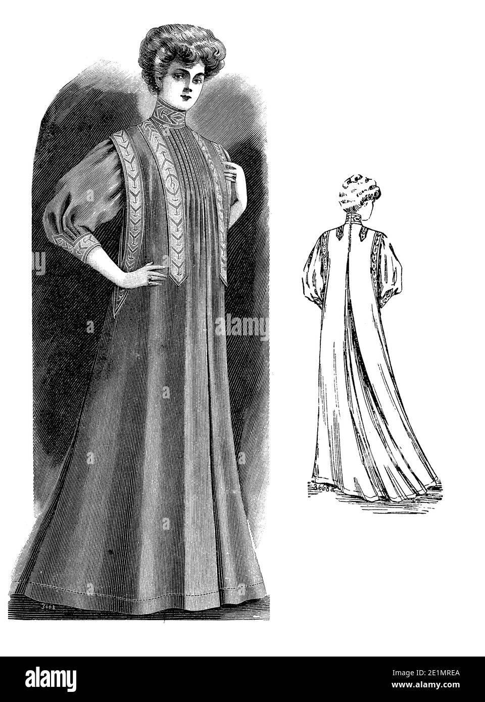 Ladies Fashion 1907, linee lunghe ed eleganti per la vestaglia da interno, completata con pettinatura Gibson girl, vista frontale e posteriore Foto Stock