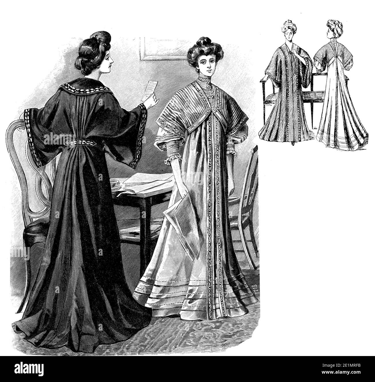 Ladies Fashion 1907, linee lunghe ed eleganti per la vestaglia da interno, completata con pettinatura Gibson girl, vista frontale e posteriore Foto Stock