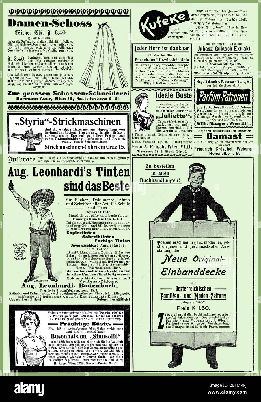 Pubblicità commerciale pagina in tedesco con molti banner promozionali e. Vignette datate 1907 dalla rivista austriaca Familien und Moden Foto Stock