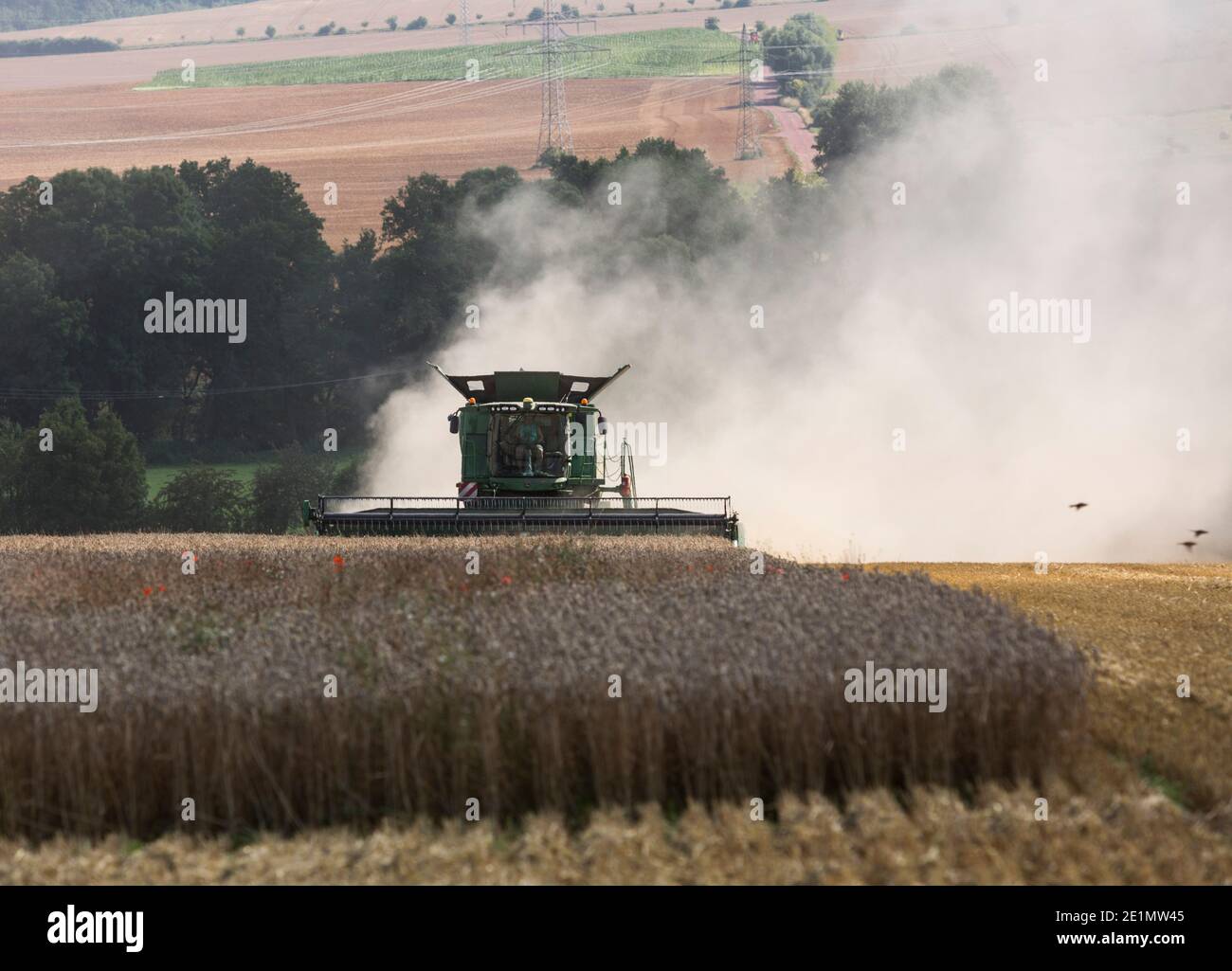 Vista frontale di una mietitrebbia John Deere che lavora in un campo a Eisenach, Germania Foto Stock