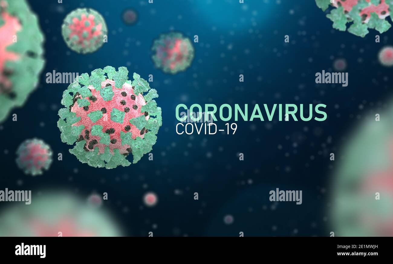 Coronavirus, Covid-19, illustrazione di immagini 3d, vista microscopica di cellule virali flottanti. Influenza, 2019 ncov. Concetto di pandemia, focolaio coro Foto Stock