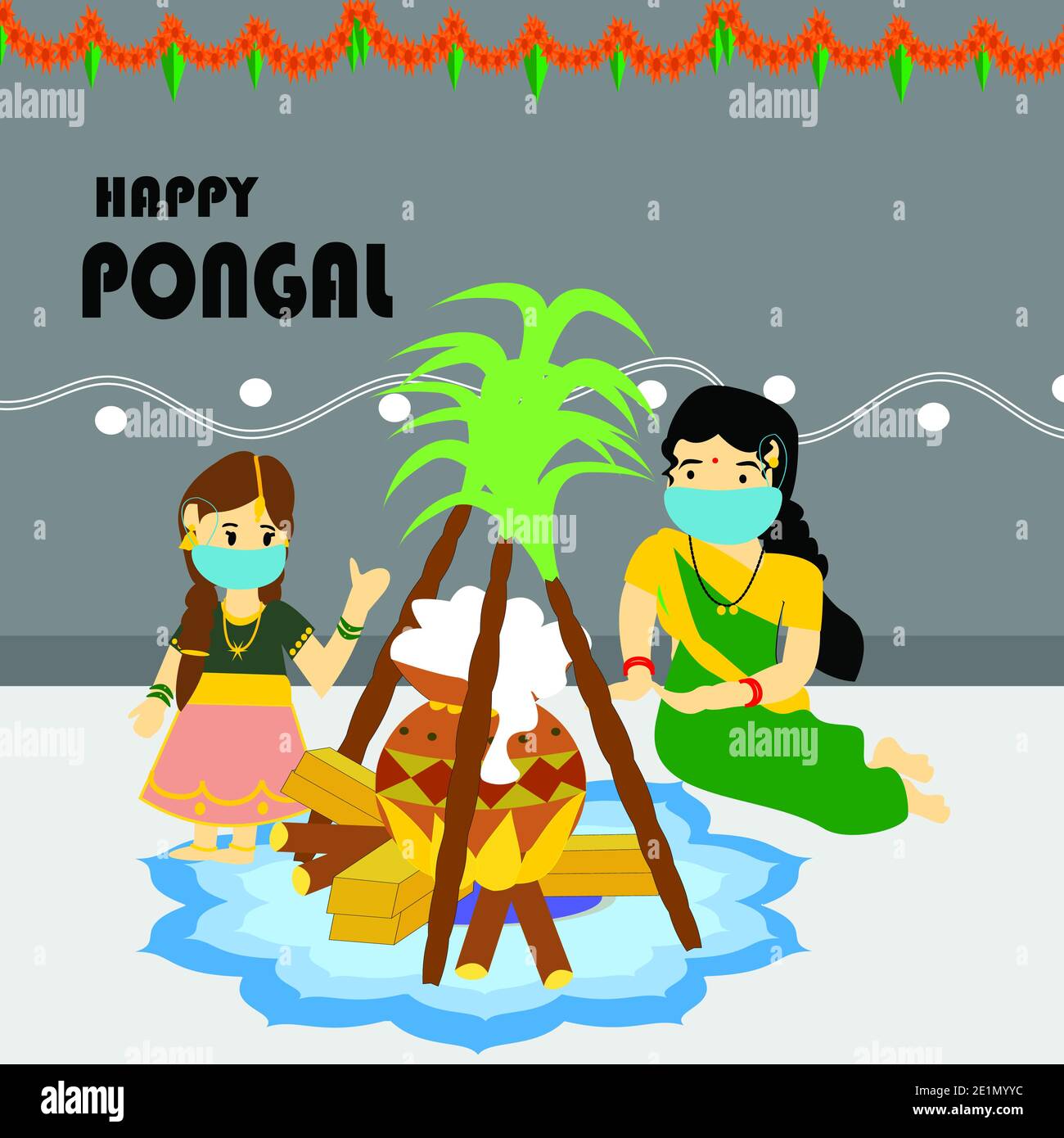 Happy Pongal Celebration con la famiglia indossare maschera medica viso, indiano Cultural festival celebrazione concetto illustratore. Foto Stock