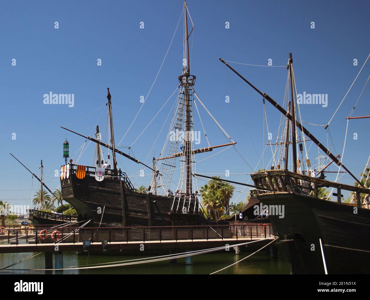 Vista del molo delle carovelle Cristoforo Colombo 1492 Palos de la Frontera Huelva Andalusia Spagna Foto Stock