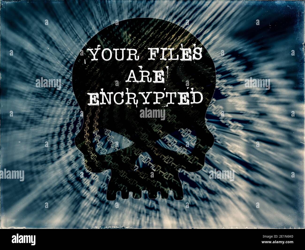 I file sono crittografati, ransomware Skull su sfondo binario Foto Stock