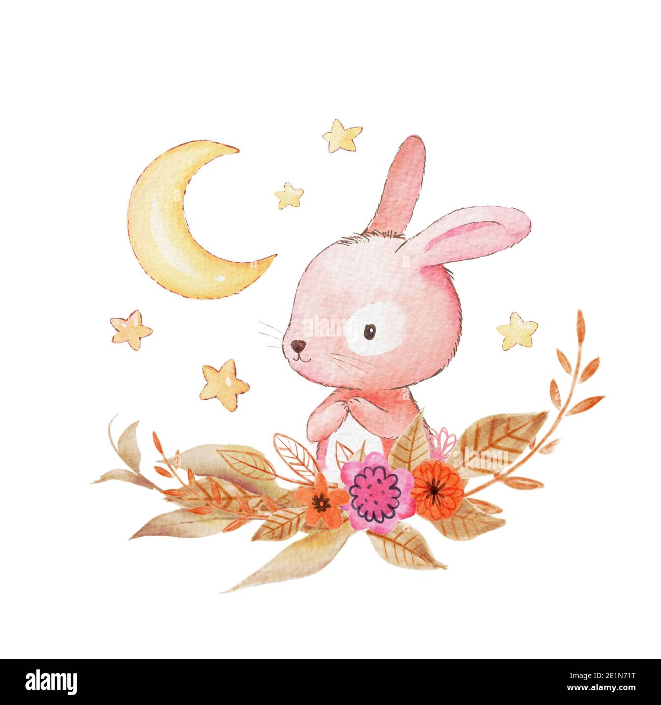 Scheda con due conigli acquerelli. Illustrazione bunny di acquerello disegnata a mano. Luna, stelle, fiori sullo sfondo Foto Stock