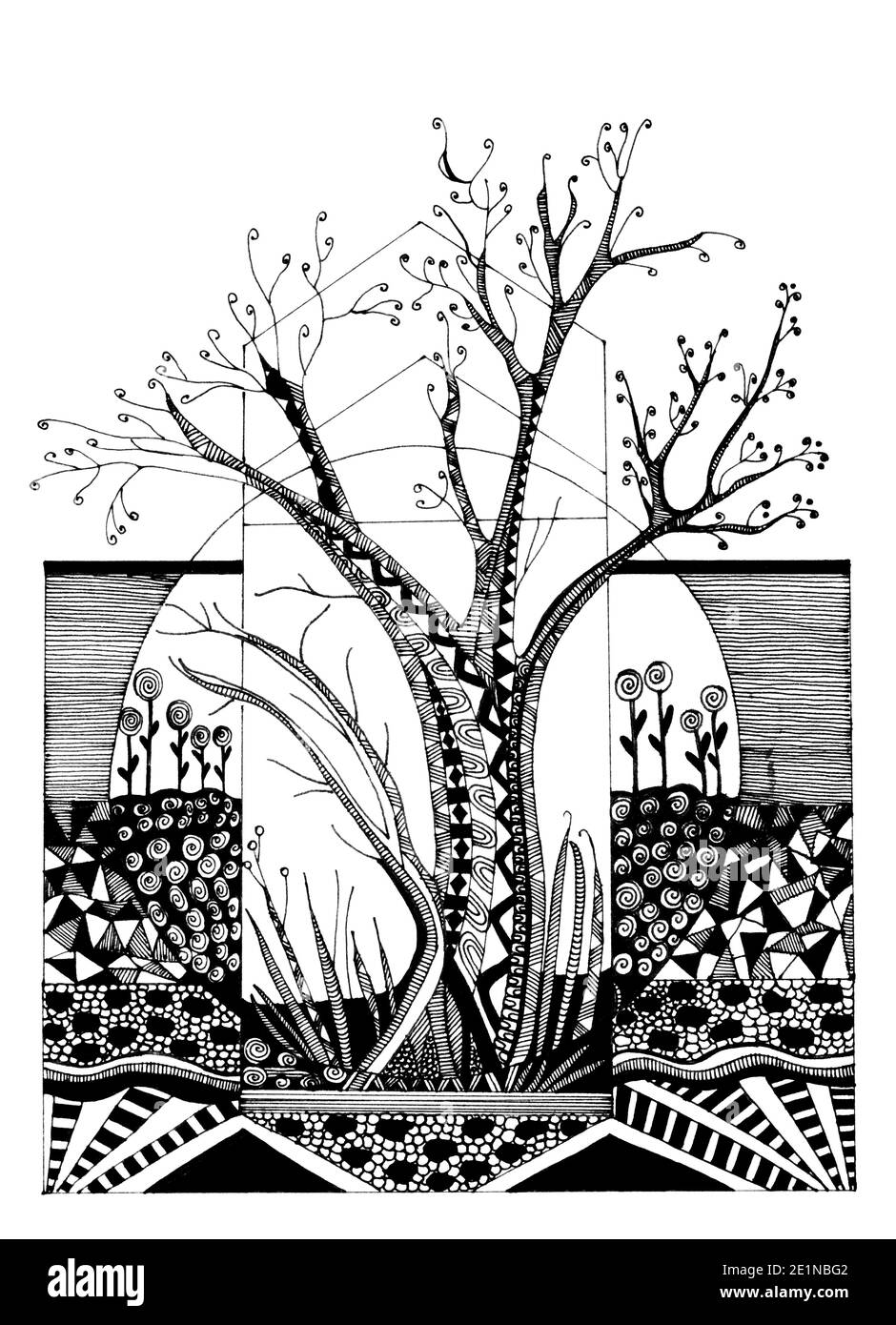 Astratto disegno bianco e nero di albero in autunno Foto Stock