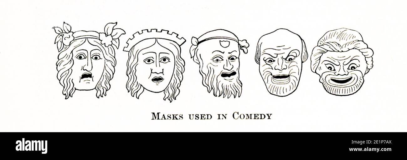 Maschere usate nella commedia greca antica Foto Stock