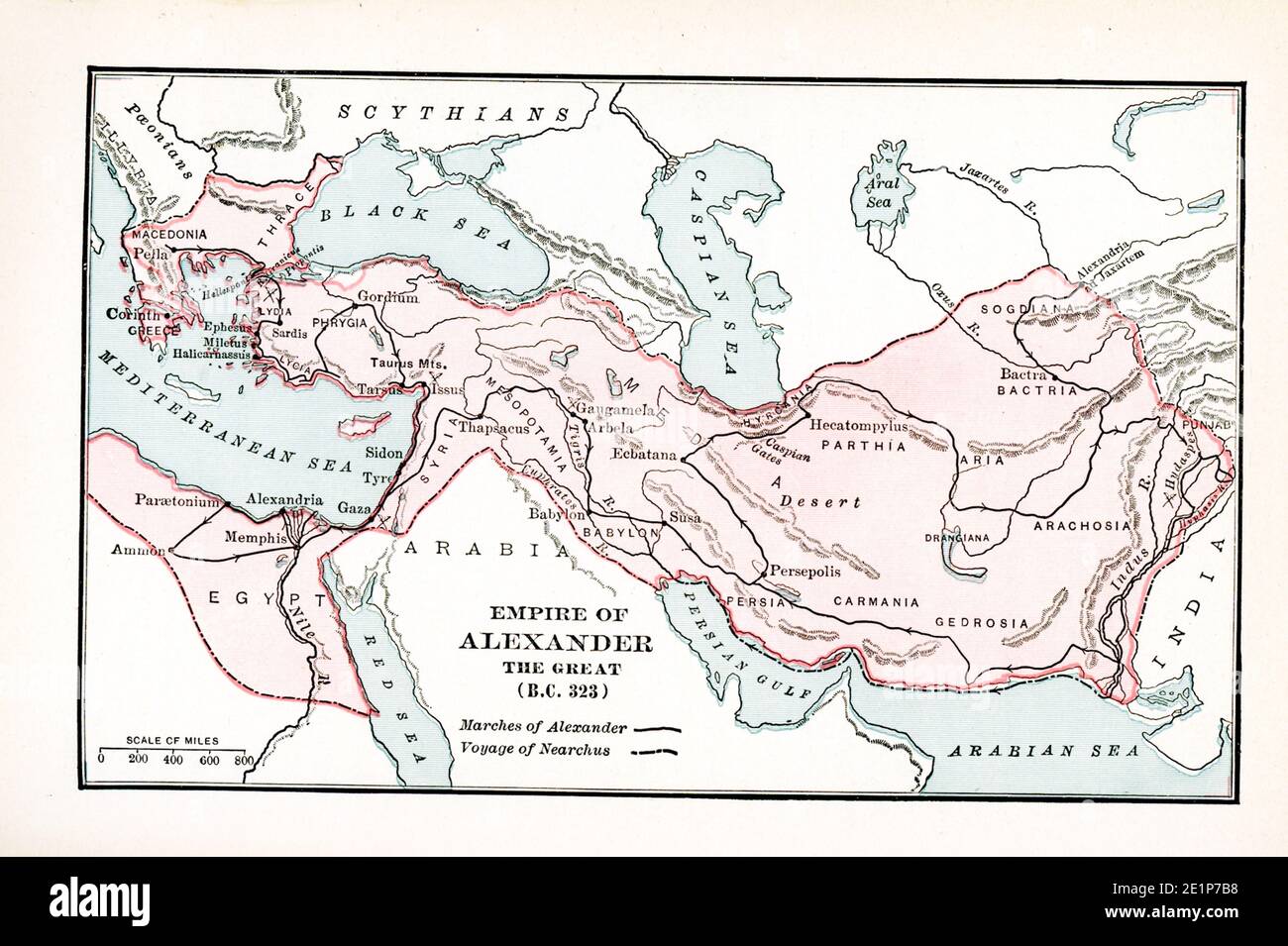 Questa mappa mostra l'in Impero di Alessandro il Grande BC 323. La leggenda è: Marche di Alessandro - linea nera piena; Marche di Nearchus- linea nera rotta Foto Stock