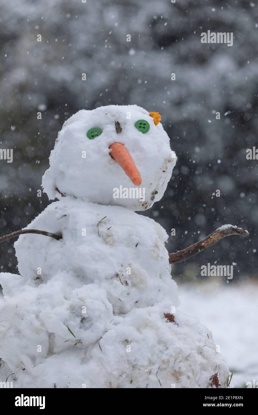 Madrid, Spagna - 08 gennaio 2021: Pupazzi di neve fatti da alcuni bambini, nel parco di Buen Retiro a Madrid, nel bel mezzo di una giornata innevata, a causa di un'ondata di c polare Foto Stock