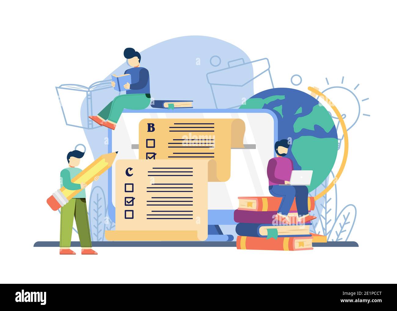 Concetto di e-learning. Un uomo che fa compiti digitali. Educazione online, scuola domestica, classe digitale e concetto di insegnamento online. Illustrazione vettoriale Foto Stock