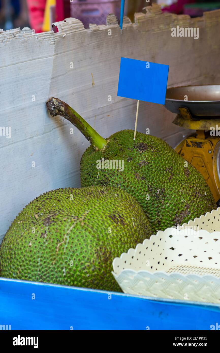 Concetto di cibo. Frutti di Jack verde messi sul banco con etichetta vuota blu e vecchie scale visibili nel mercato alimentare thailandese Foto Stock