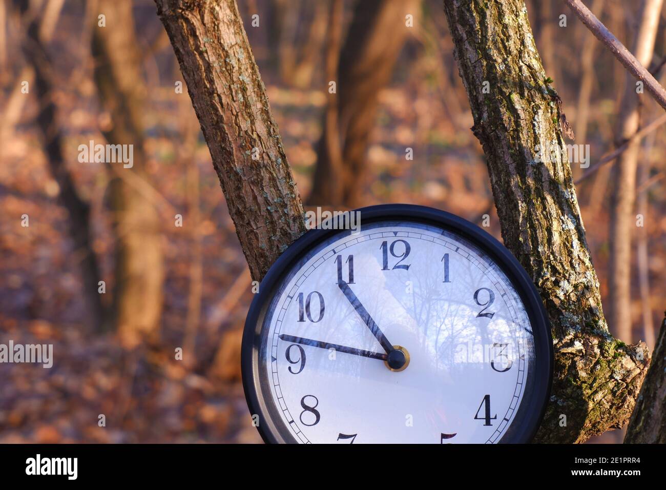Grande orologio nero con sfondo foresta invernale Foto Stock