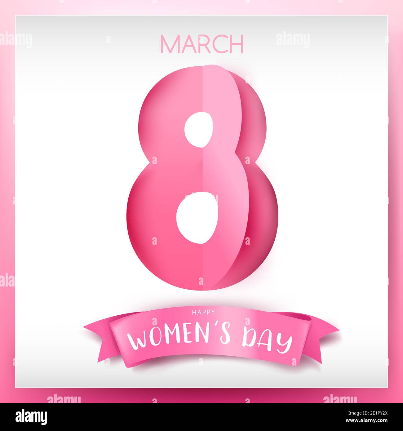 Happy Women Day 8 marzo testo calligrafia carta taglio stile con un nastro rosa su uno sfondo rosa chiaro, per il giorno internazionale delle donne vettore vacanza i Foto Stock