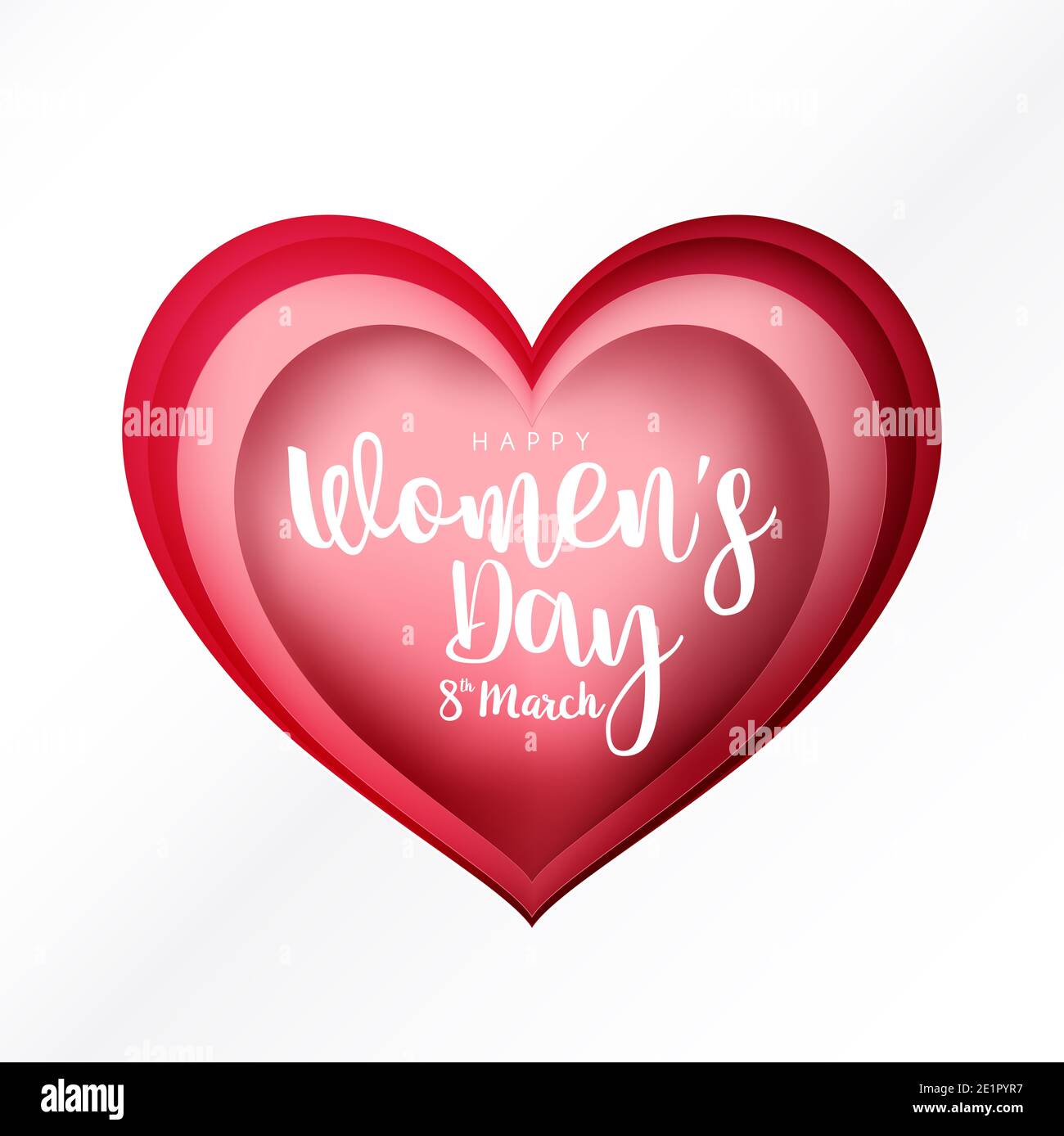 Happy Women Day 8 marzo testo calligrafia su cuore forma carta taglio stile su sfondo bianco, per le donne internazionali giorno vacanza vettore illust Foto Stock