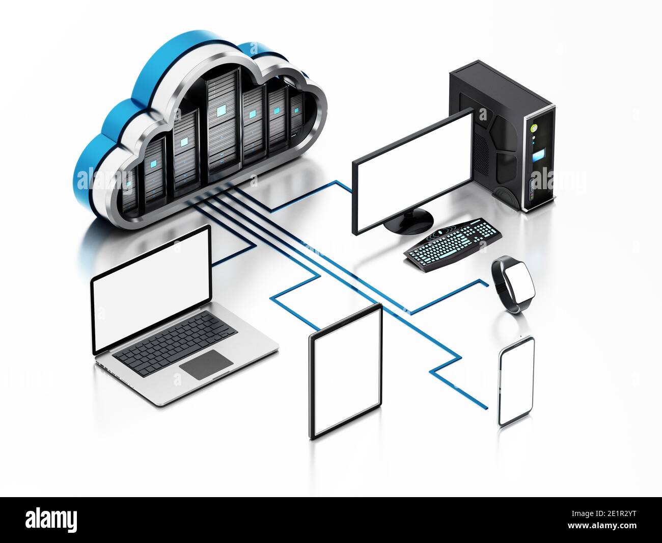 Dispositivi intelligenti connessi ai server a forma di cloud. Diagramma di cloud computing. Illustrazione 3D. Foto Stock