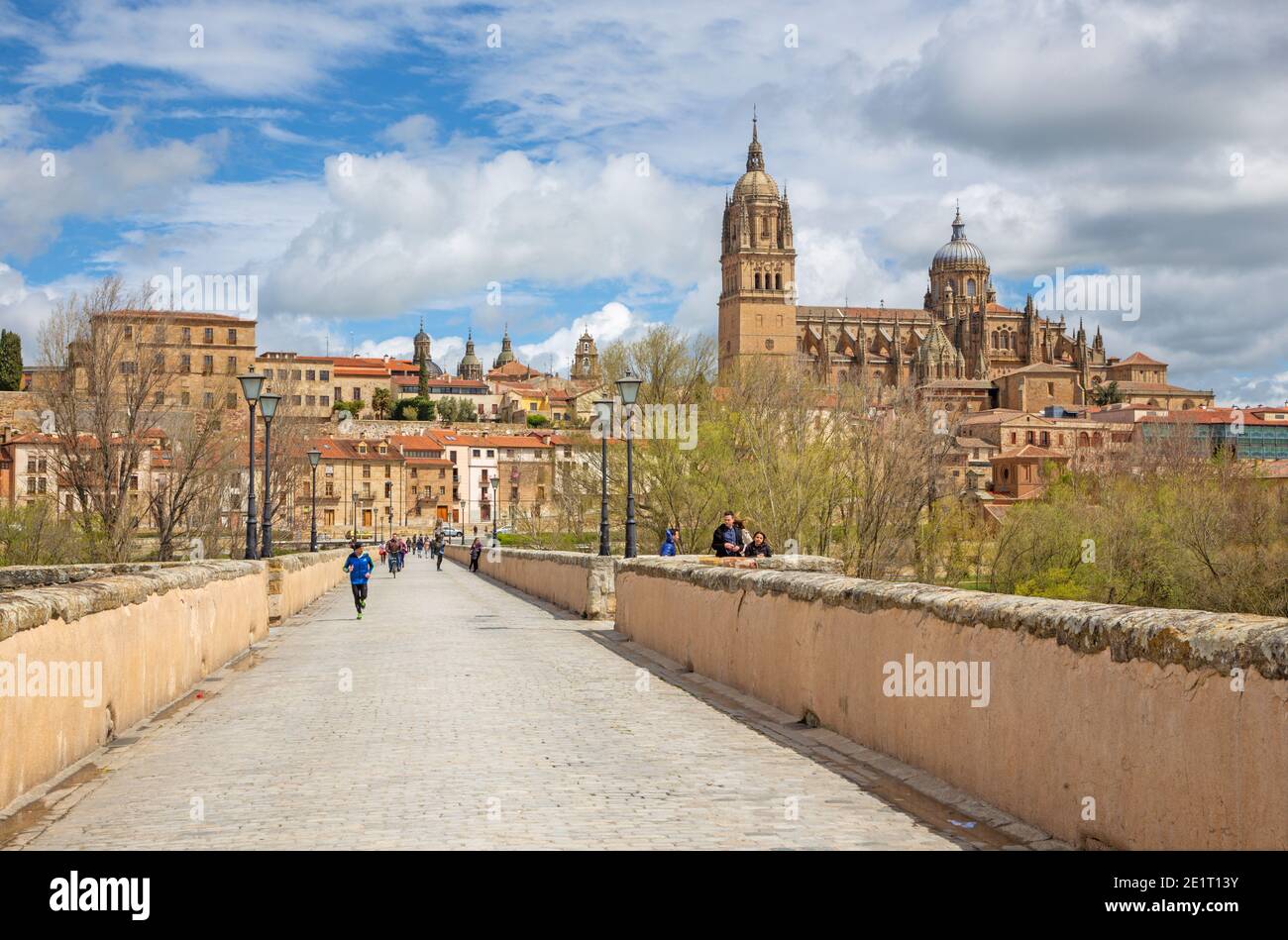 SALAMANCA, Spagna, aprile - 17, 2016: la Cattedrale e il ponte Puente Romano oltre il Rio fiume Tormes. Foto Stock