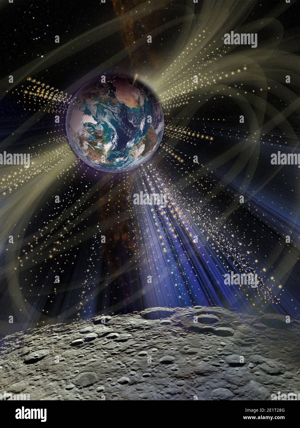Luce futuristica che illumina il pianeta Terra dalla superficie della Luna. Collage fantascientifico, elementi di questa immagine forniti dalla NASA. Foto Stock