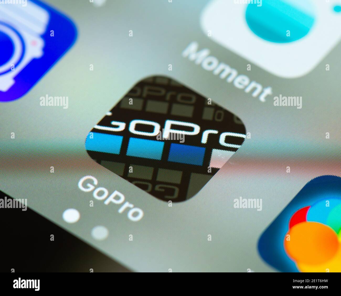 Icona GoPro App sullo schermo di Apple iPhone. La GoPro App ti consente di collegarti alla tua fotocamera GoPro e di modificare foto e video. Foto Stock