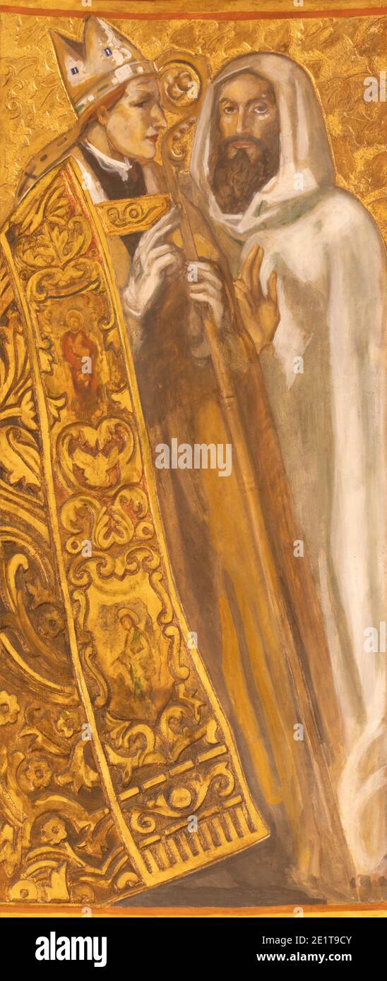 BARCELLONA, SPAGNA - 3 MARZO 2020: Il dipinto di San Giovanni Damascene e San Cirillo nella chiesa Santuario Nuestra Senora del Sagrado Corazon Foto Stock