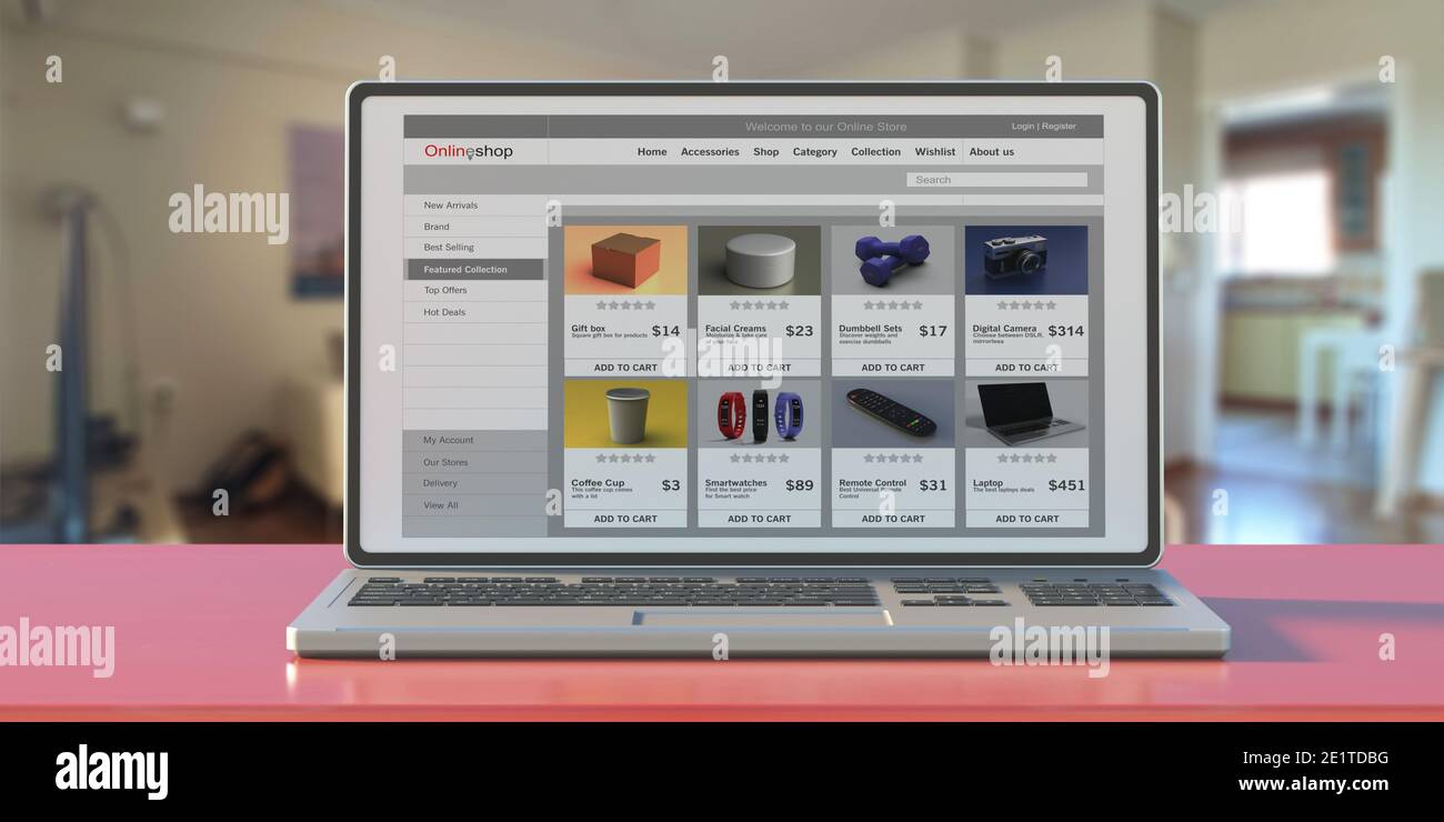 EShop, ecommerce, marketing digitale pagina web su un computer portatile schermo, casa sfondo interno. Online Shop concetto di sito web, illustrazione 3d Foto Stock