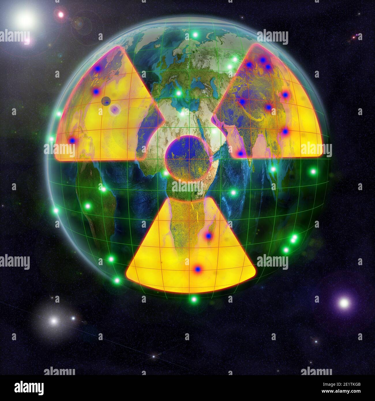 Un segno giallo di pericolo radioattivo con epicentri di contaminazione radioattiva sullo sfondo del globo nello spazio. Illustrazione 3D Foto Stock