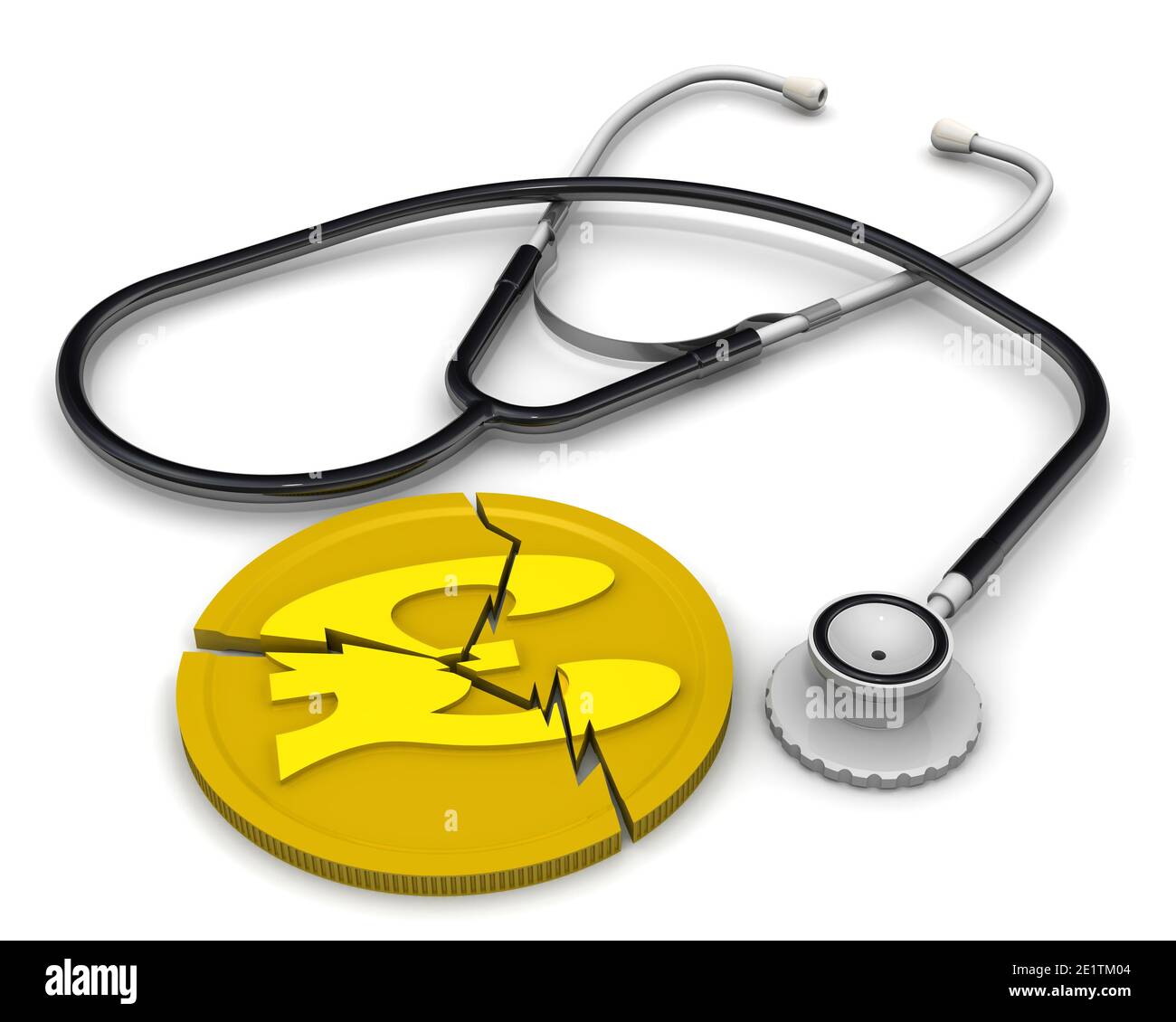 La crisi dell'economia del Regno Unito. Moneta spaccata con il simbolo della sterlina e del fonendoscopio. Concetto finanziario. Isolato. Illustrazione 3D Foto Stock