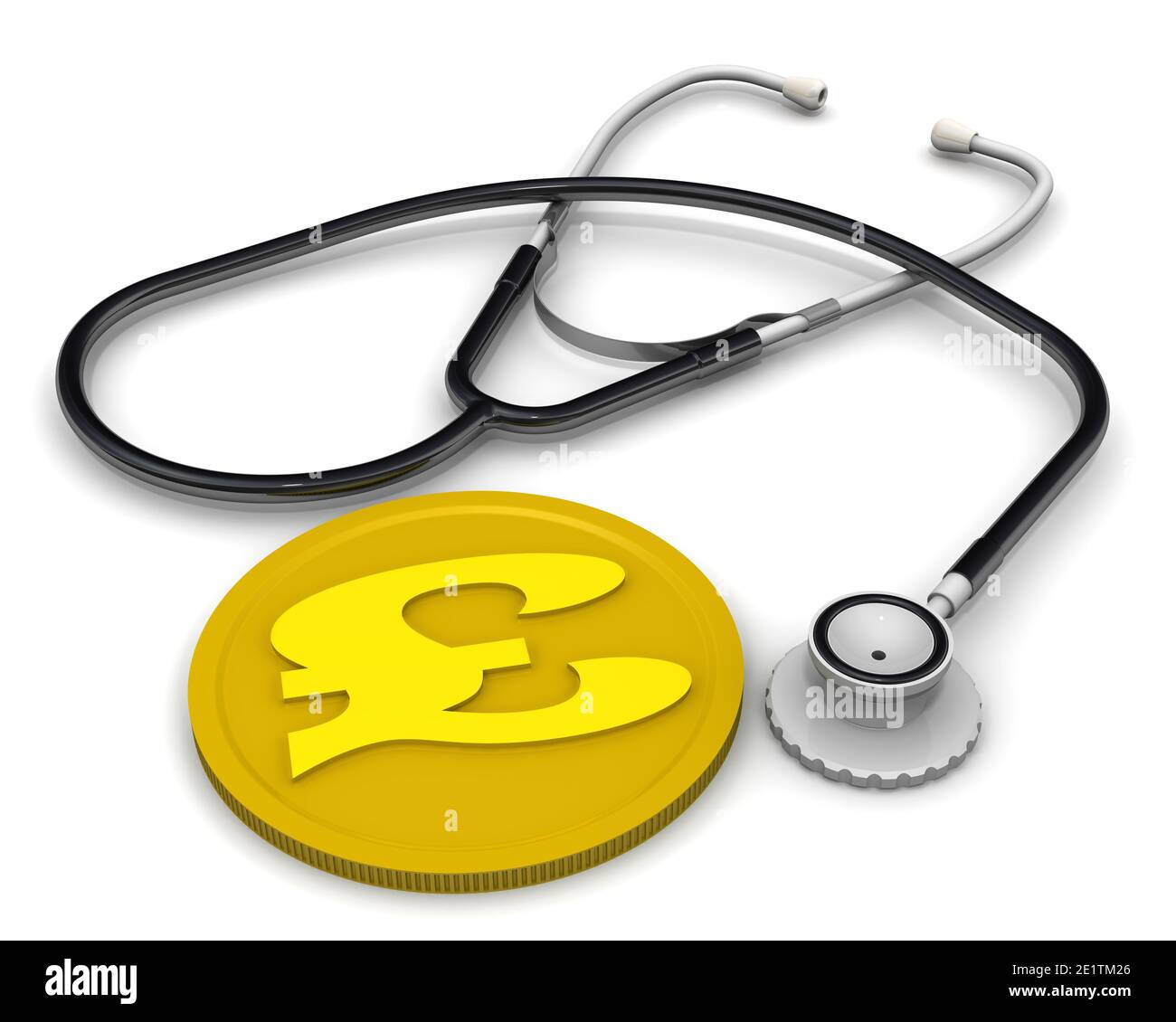 La crisi dell'economia del Regno Unito. Moneta d'oro con il simbolo della sterlina e del fonendoscopio. Concetto finanziario. Isolato. Illustrazione 3D Foto Stock