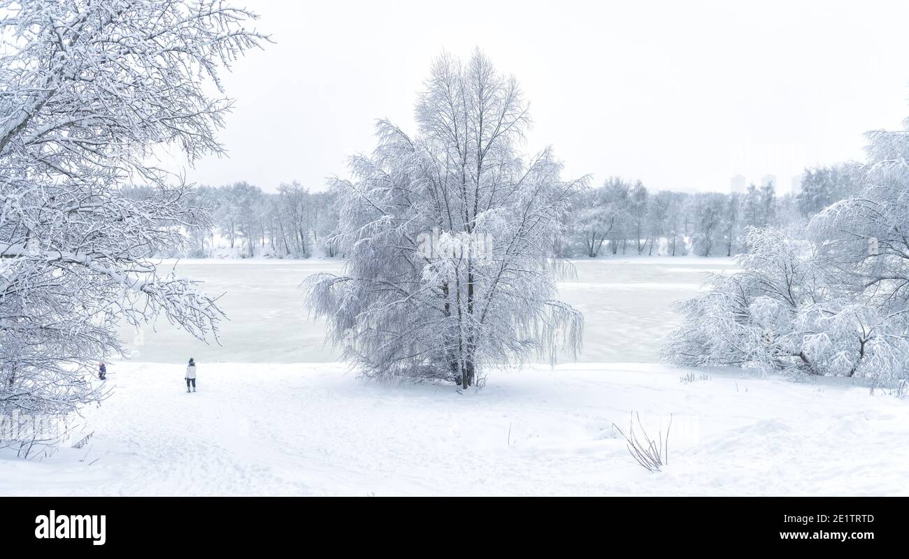 Paesaggio invernale a Mosca, Russia. Vista panoramica del ghiacciato fiume Moskva durante la nevicata, panorama del parco cittadino sotto la neve, paesaggio tradizionale russo. Foto Stock