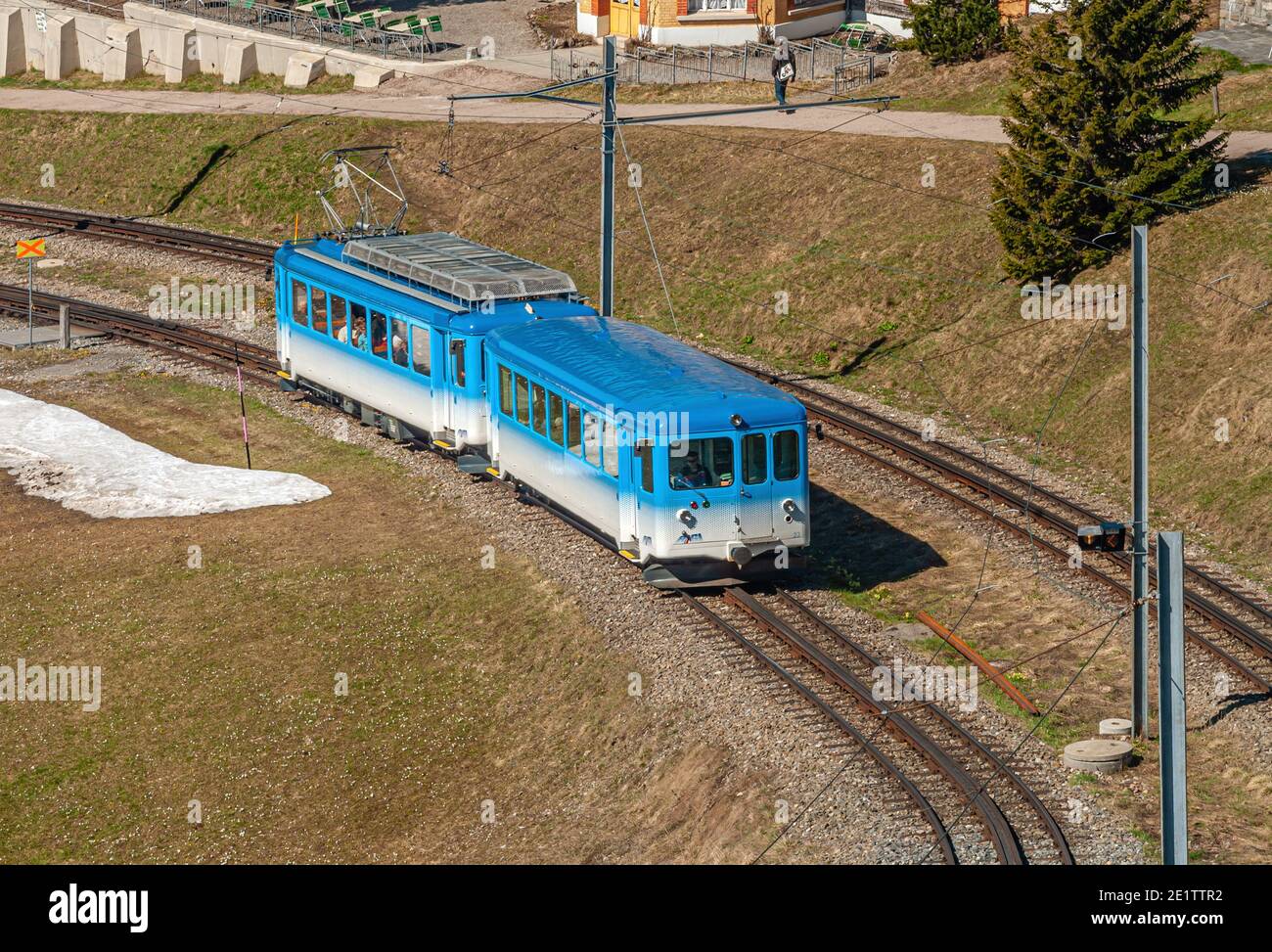 Treno Rigi alla stazione di Rigi Kulm, Schwyz, Svizzera Foto Stock